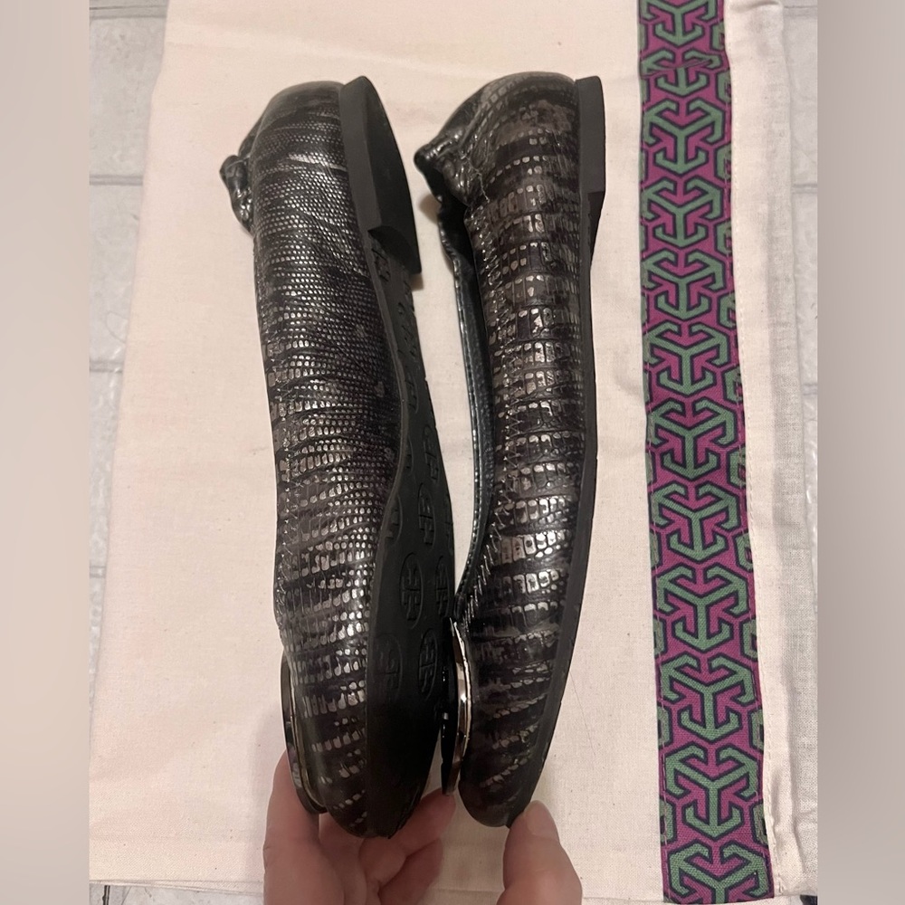 Tory Burch Metallic Silver Python Flat Shoes, 5.5 - image 3